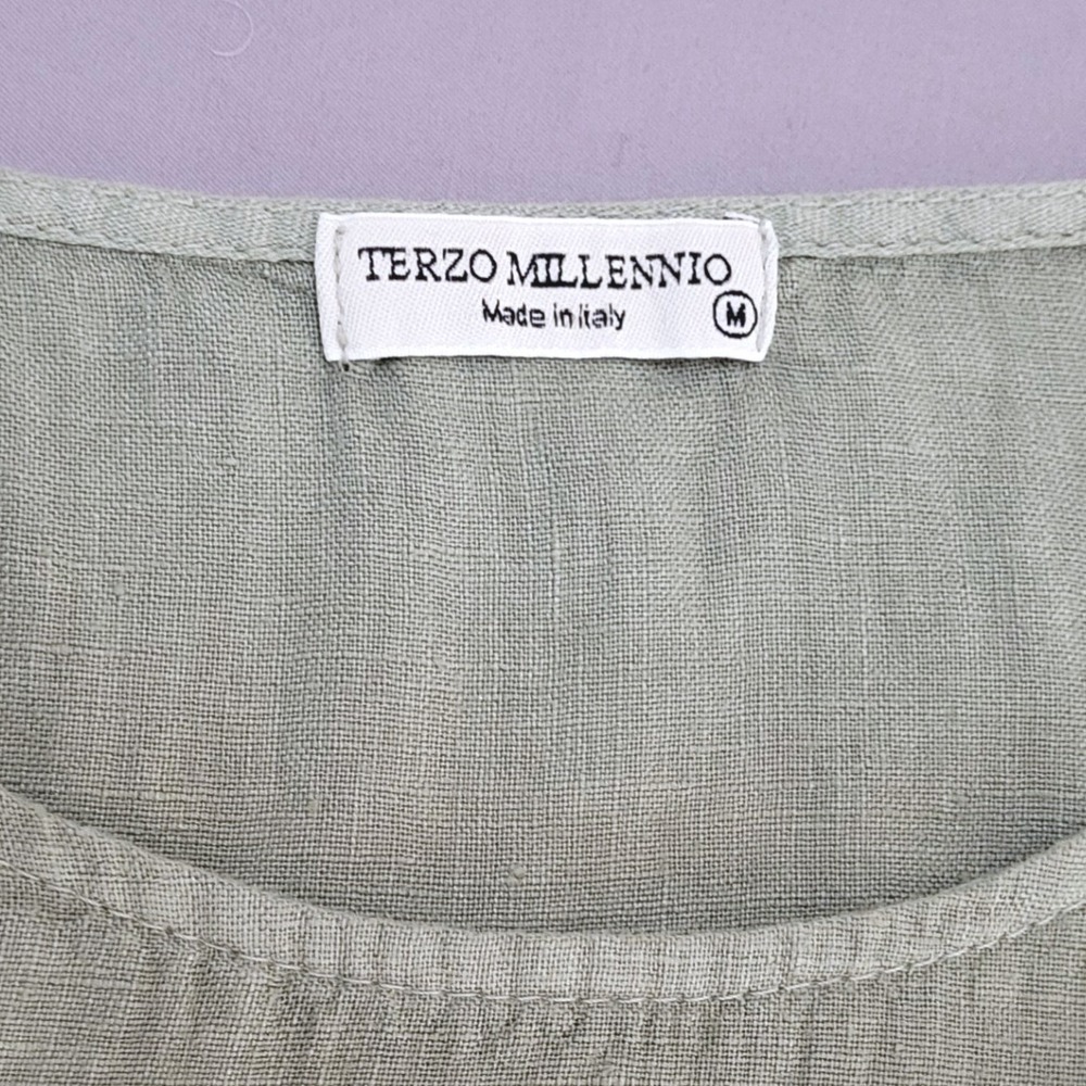 Terzo Millennio of Italy Sage Green 100% Linen Belted Flutter Sleeve Sundress M - Picture 4 of 7